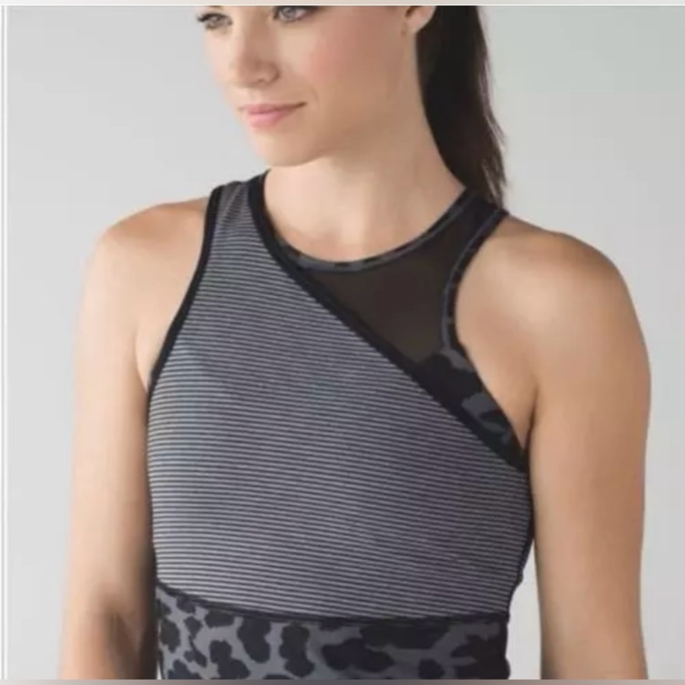 Lululemon All Meshed Up Tank Top Size 6 Coal Leopard Print Bra Built In